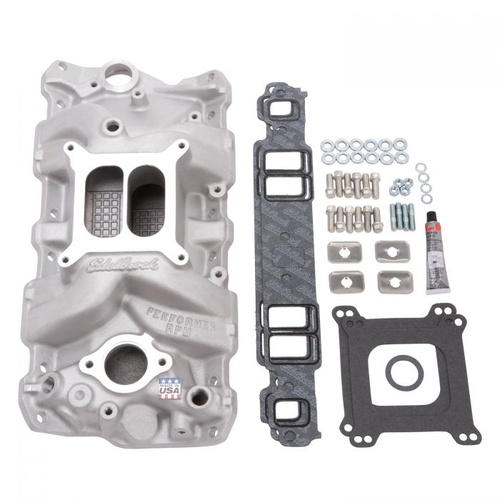 Edelbrock Intake Manifold, Performer RPM, Dual Plane, Aluminium, Natural, Square Bore, Bolts, For Chevrolet, Small Block, Kit