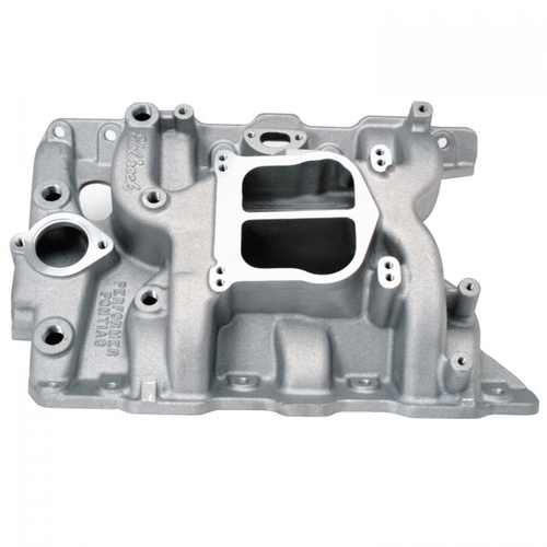 Edelbrock Intake Manifold, Performer, Dual Plane, Aluminium, Natural, Square/Spread Bore Flange, For Pontiac, 326-455, Each