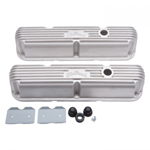 Edelbrock Valve Covers, Stock Height, Cast Aluminium, Natural, Ribbed Top with Logo, For Chrysler, Small Block, Pair