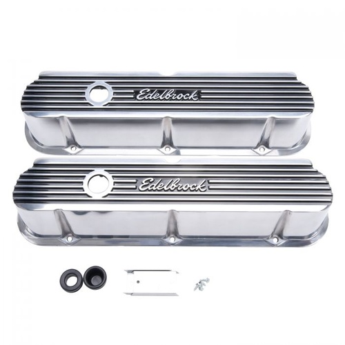 Edelbrock Valve Covers, Elite II Series, Tall, Cast Aluminium, Polished, Logo, For Ford, 289, 302, 351W, Pair