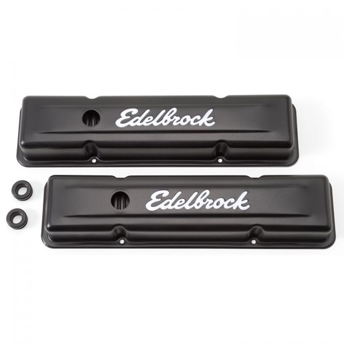 Edelbrock Valve Covers, Signature Series, Stock Height, Steel, Black, Logo, For Chevrolet, Small Block, Pair