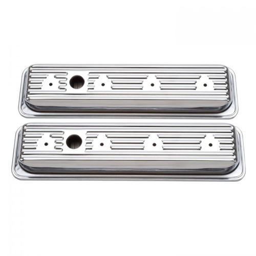 Edelbrock Valve Covers, Signature Series, Centerbolt, Low-profile, Steel, Chrome, For Chevrolet, 305, 350, Pair