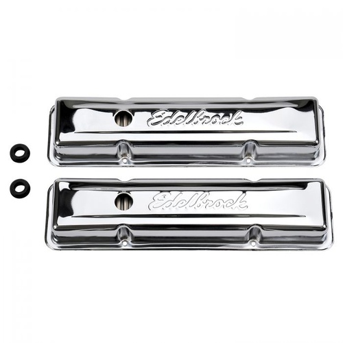 Edelbrock Valve Covers, Signature Series, Stock Height, Steel, Chrome, Logo, For Chevrolet, Small Block, Pair