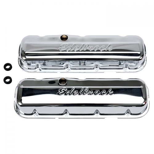 Edelbrock Valve Covers, Signature Series, Stock Height, Steel, Chrome, Logo, For Chevrolet, Big Block, Pair