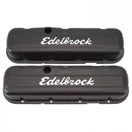 Edelbrock Valve Covers, Signature Series, Stock Height, Steel, Black Powdercoat, Logo, For Chevrolet, Big Block, Pair