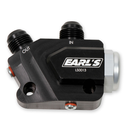 Earls Oil Cooler Adapter, Right Angle, -10 AN Inlet, -10 AN Outlet, Billet Aluminium, Black Anodised, 180 Degree Thermostat, Hardware, Each