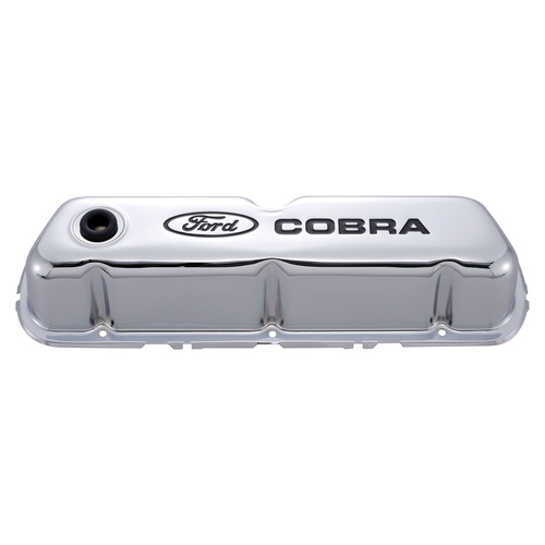 Ford Motorsport Engine Valve Covers, Tall Style, Steel, Chrome with Cobra Logo, For SB Ford