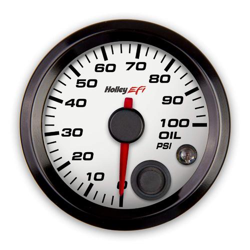 Holley EFI Gauge, Oil Pressure, EFI-style, 0-100 psi, 2 1/16 in. Diameter, Analog, Full Sweep, Illuminated, for Electrical Sending Unit, White Face, E