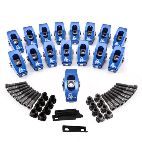 LTScorpion Racing Rocker Arm, Endurance, Pedestal Mount, Full Roller, Blue, Aluminium, 1.6 Ratio, Ford SB,5.0 Set of 16