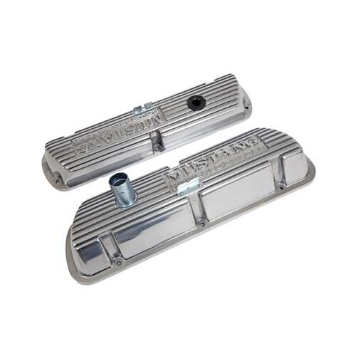 Scott Drake Classic Valve Covers, Finned, Die-Cast Aluminum, Polished, Low Profile Baffles, Mustang Powered by For Ford Block Letters, For Ford, Musta