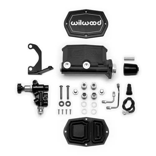 Wilwood Master Cylinder, Tandem, w/ Bracket and Valve, 1-1/8 in. Bore, Tandem Outlet, Alum, Black E-coat, 7.16 in. Length, Kit