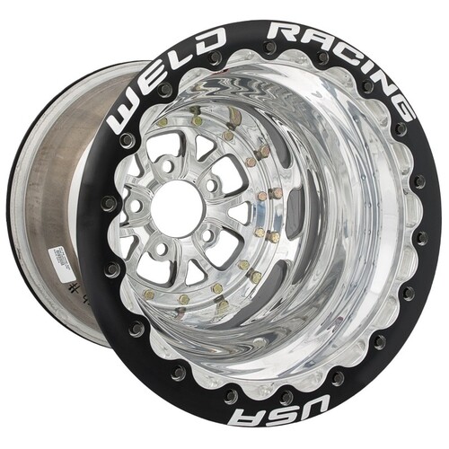 WELD Wheel, V-Series, 15x11 Size, 5X4.75 Bolt Pattern, 4 Backspace, Polished Center, Polished Shell, Black DBL MT, Each