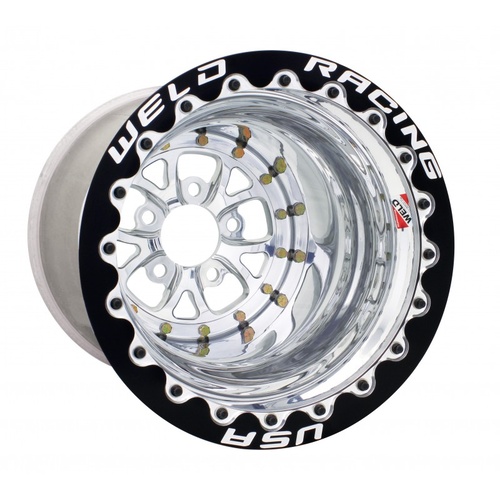 WELD Wheel, V-Series, 15x12 Size, 5x4.5 Bolt Pattern, 3 in. Backspace, Polished Center, Polished Shell, Black DBL, Each